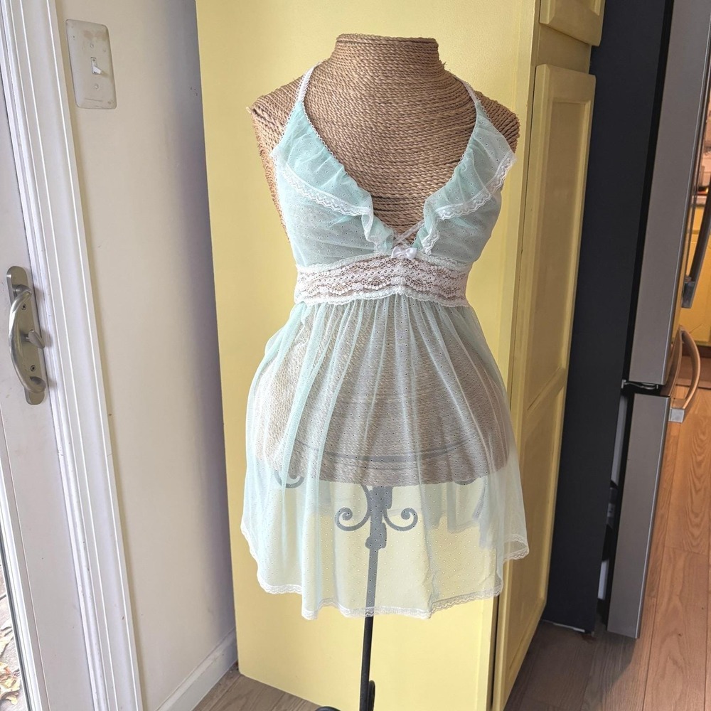 Betsey Johnson Aqua Blue Babydoll‎ Lingerie Lace Trim Ruffle Halter Y2K